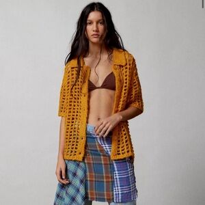 BDG Shirt Womens Small Yellow Osaka Open Knit Polo Sweater Urban Outfitters Y2K